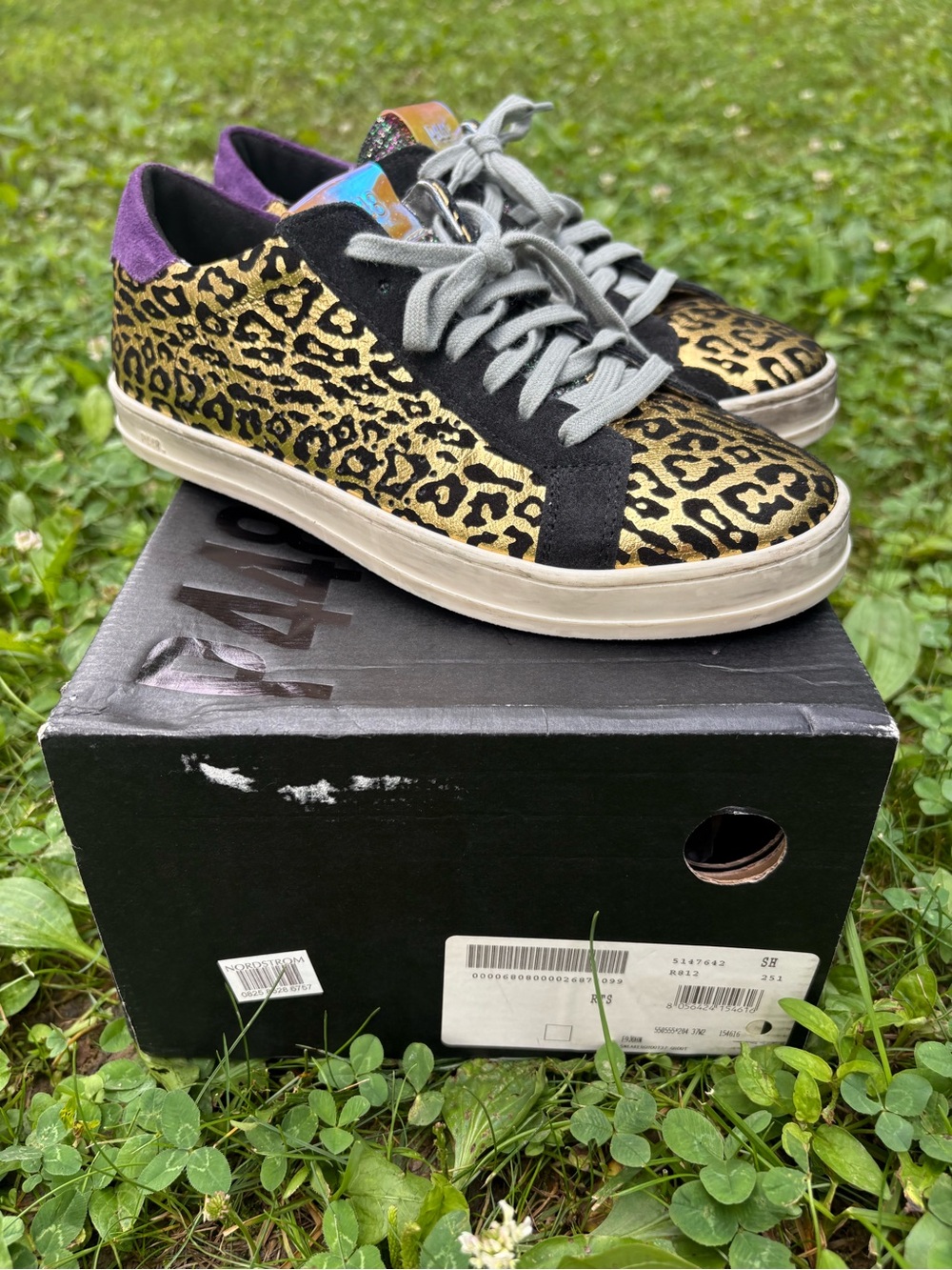 P448 Leopard Print Gold and Black Low-Top Sneakers with Purple Accent size 7